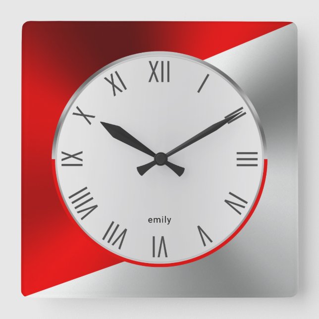 Relógio Quadrado Design Geométrica Moderna de Vermelho e Prata (Frente)