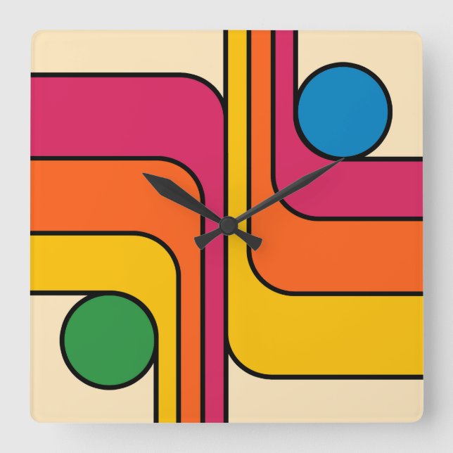Relógio Quadrado Design Geométrico Estilo Retro Mod dos Anos 70 (Frente)