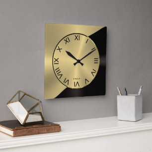 Relógio Quadrado Design Geométrico Metálico Moderno Preto e Dourado
