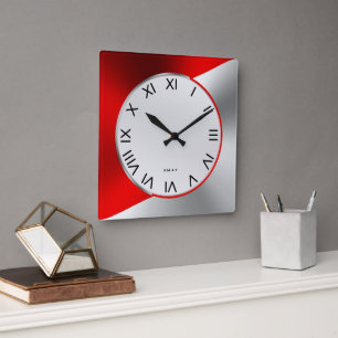 Relógio Quadrado Design Geométrico Metálico Moderno Vermelho e Prat