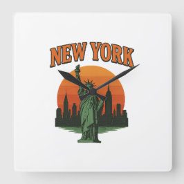 Relógio Quadrado Design Gráfico Vintage de Nova York – Estátua da L