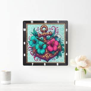 Relógio Quadrado Design Náutico de Anchor Turquesa