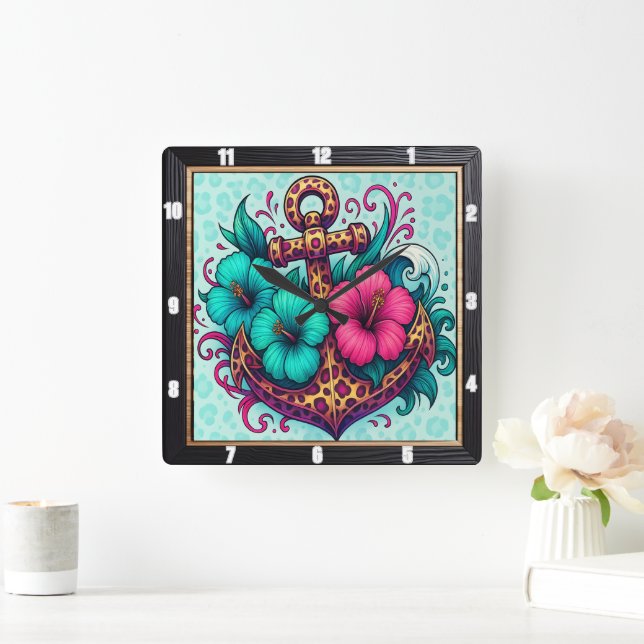 Relógio Quadrado Design Náutico de Anchor Turquesa (Lar)