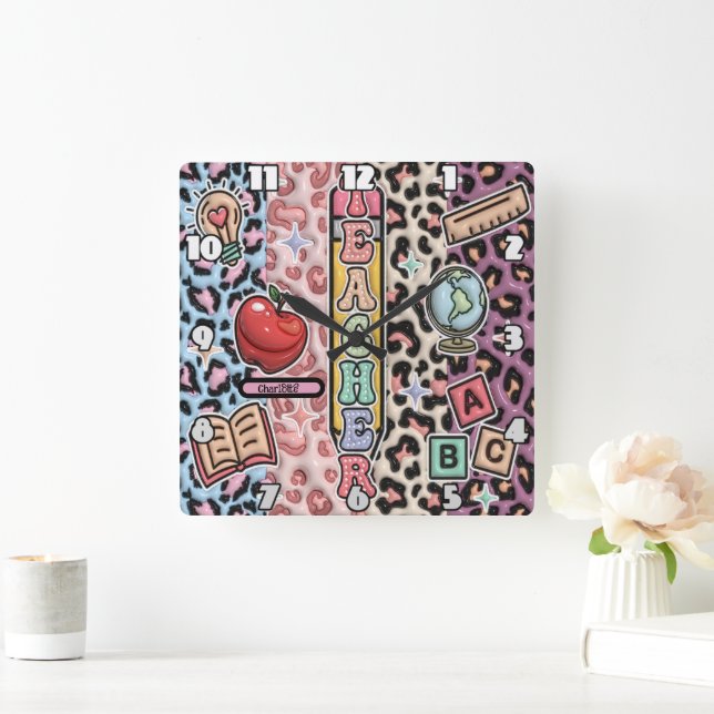 Relógio Quadrado Design Safari de Aprendizado Selvagem do Professor (Lar)