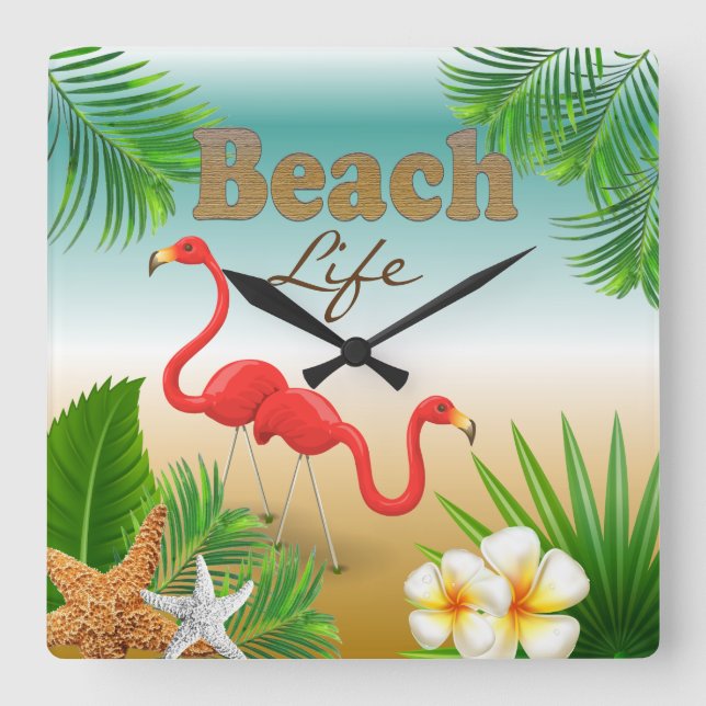 Relógio Quadrado Design Tropical Beach Life com Flamingos (Frente)