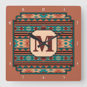 Relógio Quadrado Design Turquoise Terracotta Monograma