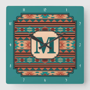 Relógio Quadrado Design Turquoise Terracotta Monograma