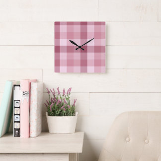Relógio Quadrado Design Xadrez Gingham Rosa