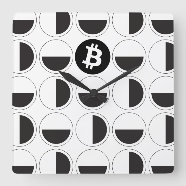 Relógio Quadrado Designer de Bitmoeda Preto e Branco (Frente)