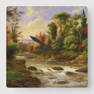 Relógio Quadrado Destino de Robert Duncanson do rio da floresta da
