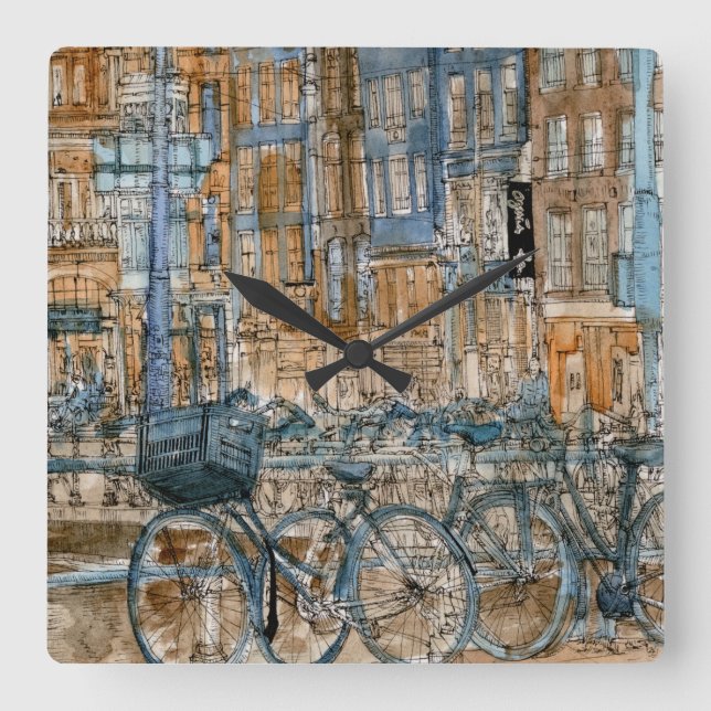 Relógio Quadrado Destinos| Visualização Nova Iorque de Aquarela (Frente)