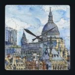 Relógio Quadrado Destinos| Watercolor River Thames Waterfront<br><div class="desc">Descubra o maravilhoso trabalho de arte projetado pela talentosa Melissa Wang. Seu trabalho de arte é muito visual e vibrante. Você pode se imaginar dentro dos obrigados da cidade para sua transparência. Com a estrutura do prédio sendo gótica, romana e moderna pode ser em qualquer lugar. Pensamos que é exatamente...</div>