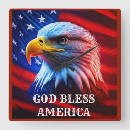 Relógio Quadrado Deus abençoe América EUA Flag Bald Eagle