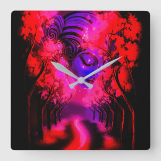 Relógio Quadrado Deusa Neon em Floresta Encantada