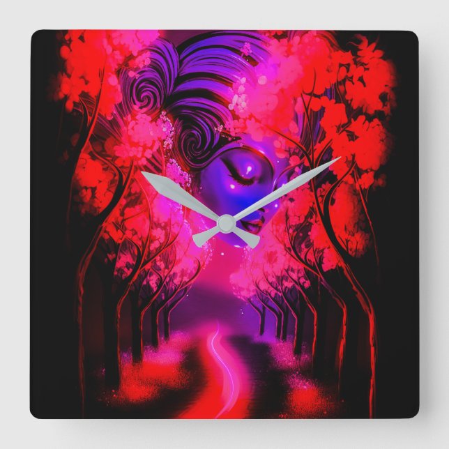 Relógio Quadrado Deusa Neon em Floresta Encantada (Frente)