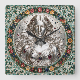 Relógio Quadrado Deusa Nyx Mosaico Floral