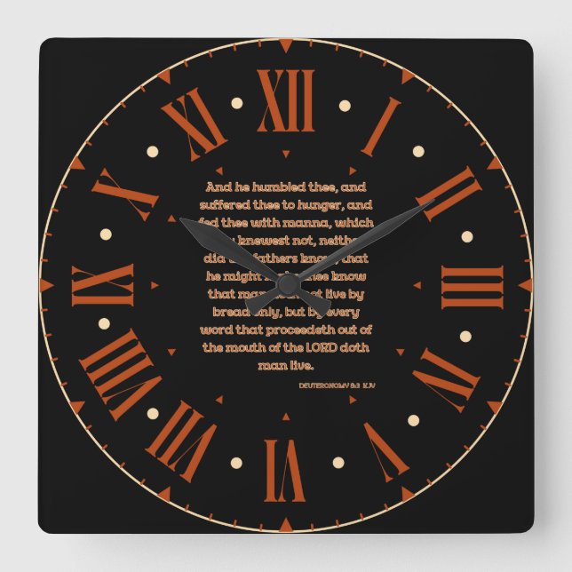 Relógio Quadrado Deuteronomia 8:3 Bíblia KJV Verso Numeral Romano (Frente)