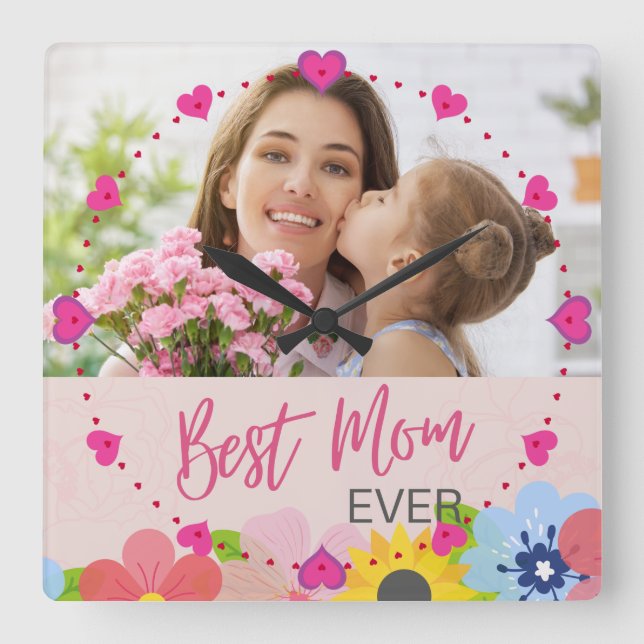 Relógio Quadrado Dia de as mães Feliz, Melhor Mãe de sempre (Frente)