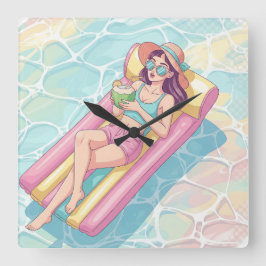 Relógio Quadrado Dia de Piscina Menina Relaxando