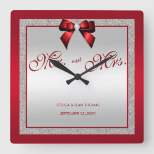 Relógio Quadrado Dia do Casamento de Ruby Vermelho e Silver Glitter