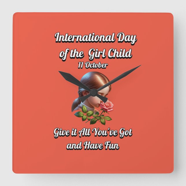 Relógio Quadrado Dia Internacional da Garota. Divirta-se (Frente)