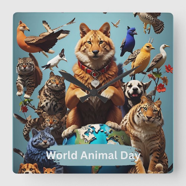 Relógio Quadrado Dia Mundial dos Animais (Frente)
