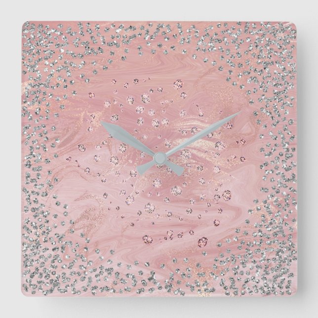 Relógio Quadrado Diamantes de Cinza prateada Diamantes Cristais Mar (Frente)