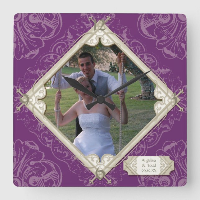 Relógio Quadrado Diamond Swirl Flourish Tipografia Foto de Casament (Frente)