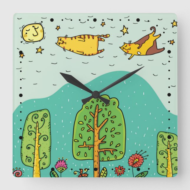 Relógio Quadrado Dias Sunny Voando Gatos Pets Enfermeiro Bebê Bonit (Frente)