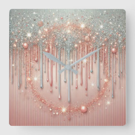 Relógio Quadrado Dica de brilho rosa embutido e prateado