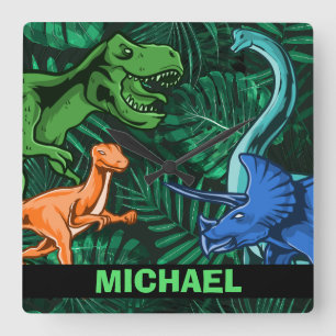 Relógio Quadrado Dinossauros Crianças Dino Jurassic Trex Boy Perso