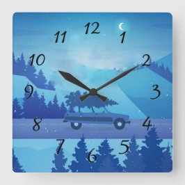 Relógio Quadrado Dirigindo pela estrada com uma árvore de natal