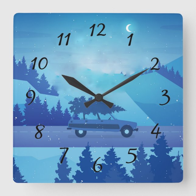 Relógio Quadrado Dirigindo pela estrada com uma árvore de natal (Frente)