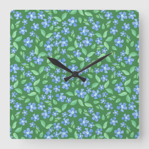 Relógio Quadrado Ditsy Bright Blue Periwinkings on Green Floral