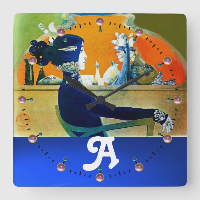 RELÓGIO QUADRADO DIVA EM AZUL, MONOGRAMA DE FASHÃO BELEZA (Frente)