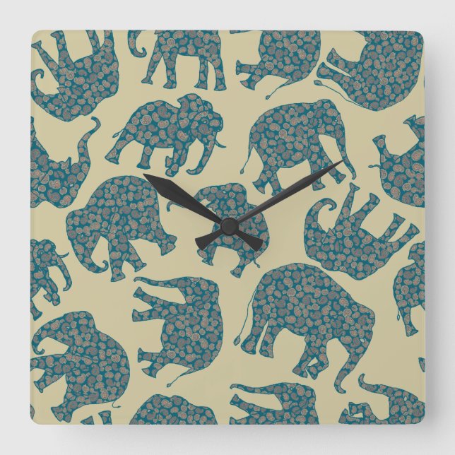 Relógio Quadrado Diversão Ditzy Paisley Elephants on Beige Wall Clo (Frente)
