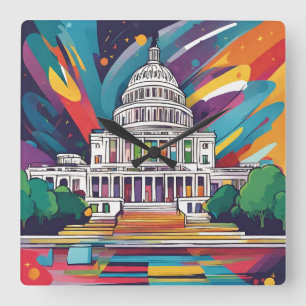 Relógio Quadrado Diversão Vibrante Funky Washington DC Wall Clock!