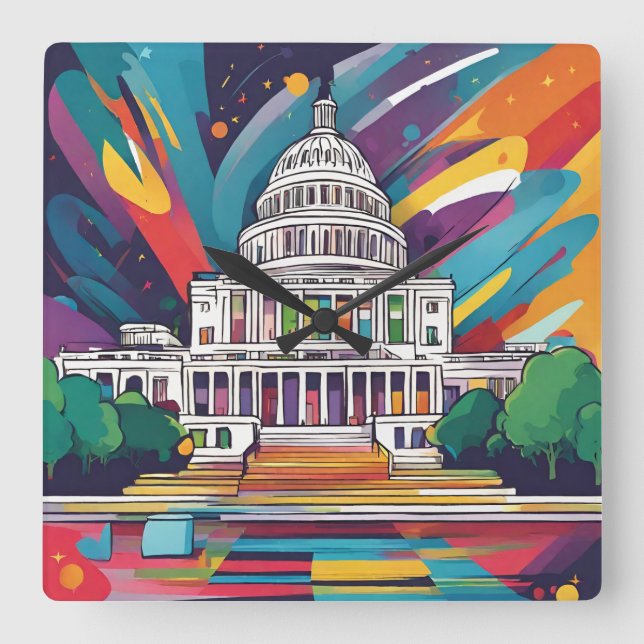 Relógio Quadrado Diversão Vibrante Funky Washington DC Wall Clock! (Frente)