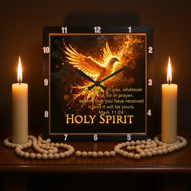 Relógio Quadrado Divine Flame Holy Spirit Message Mark 11:24 Verse (Criador carregado)
