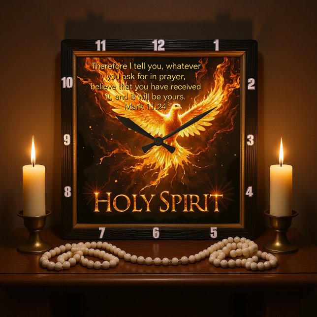 Relógio Quadrado Divine Flame Holy Spirit Phoenix Mark 11:24 Verse (Criador carregado)