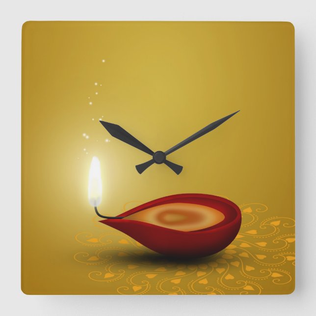 Relógio Quadrado Diwali feliz Diya - pulso de disparo de parede (Frente)
