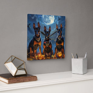 Relógio Quadrado Doberman Halloween Assustador