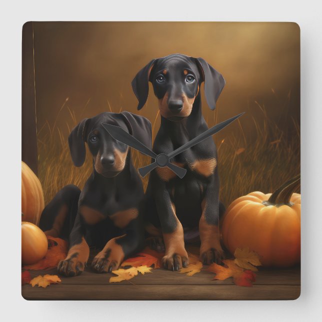 Relógio Quadrado Doberman Puppy Autumn Delight Pumpkin (Frente)