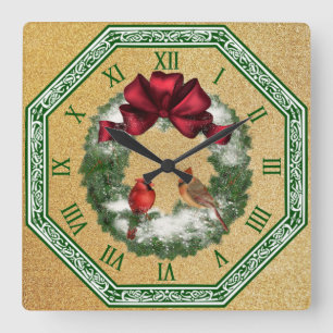 Relógio Quadrado Dois cardeais ~ Fora de Natal Neve ~ Arco Vermelho