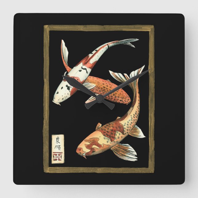 Relógio Quadrado Dois japoneses, Koi Goldfish, em preto (Frente)