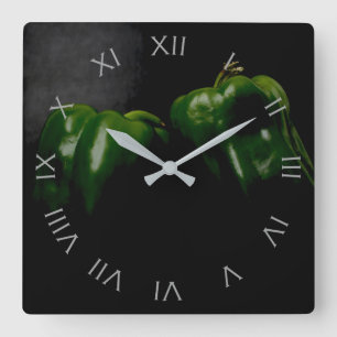 Relógio Quadrado Dois Peppers Verdes Números Romanos da Cinza Wccn