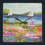 Relógio Quadrado Dois veleiros e algodão<br><div class="desc">Dois Sailbarcos e Cottage I por Karen Fields. Cena brilhante e divertida com flores,  árvores,  uma cabana e veleiros na água.</div>
