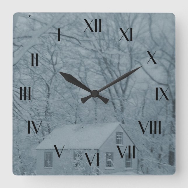 Relógio Quadrado Doll House in Snow Storm Backward Clock (Frente)