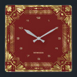 Relógio Quadrado Dourada Arte Deco Frame no Vermelho Escuro<br><div class="desc">Dourados tons Art Deco frame,  estilo geométrico sobre um fundo vermelho escuro. Monograma personalizável.</div>