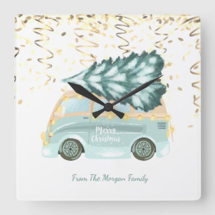 Relógio Quadrado Dourada Confetti, Árvore de Pinheiros Verdes de C